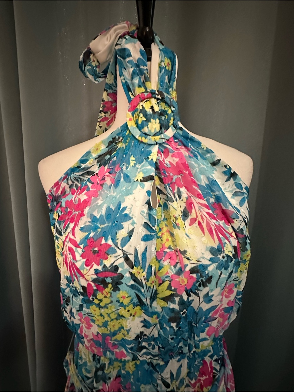 Anne Klein Floral Halter Midi Dress Blue Multi Tie Waist NWT Women's 12 - Picture 3 of 11